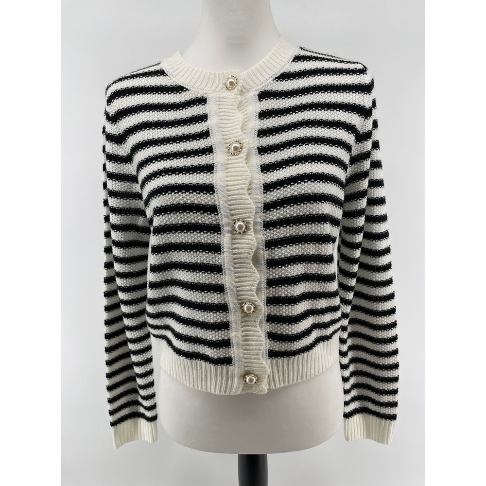 Cardigan Sweater Womens Small‎ White Black Old Money French Preppy Pearl Button